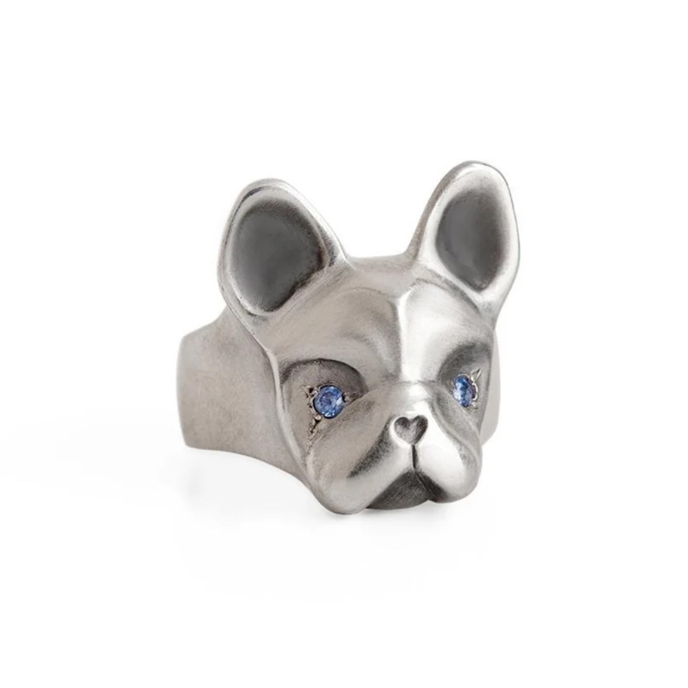 Elina Gleizer Silver Frenchie Ring, Sapphir Eyes, oxydized silver, 6, preloved